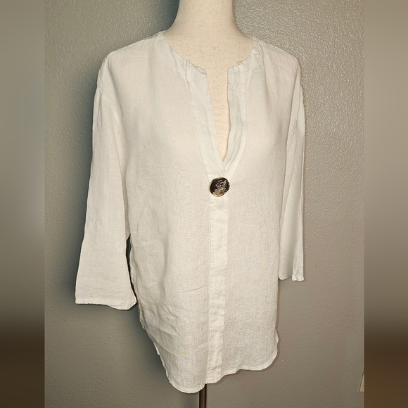 Vintage Made in Italy 100% Linen Y & H Moda, White Tunic with Bronze Button L - Picture 2 of 9